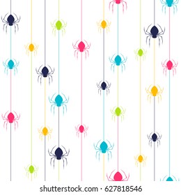 Seamless vector pattern - multicolored spiders on white background