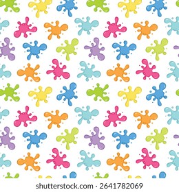 Seamless vector pattern of multicolored splashes of acrylic paint on a white background.