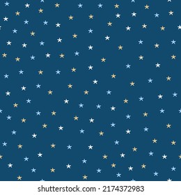 Seamless vector pattern with multicolored stars isolated on blue background. Night sky.