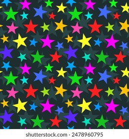 Seamless vector pattern of multicolored stars on dark background, celebration party concept, decorative wallpaper, textile print, packaging.