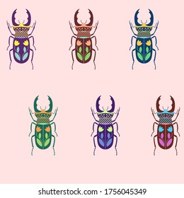 Seamless vector pattern of multi-colored stylized deer beetles.