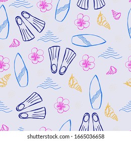 Seamless vector pattern of multicolored summer and holiday doodle elements. Hand draw objects of beach vacation. flippers, surfboard, frangipani flower, shells gentle colors on grey blue background. 