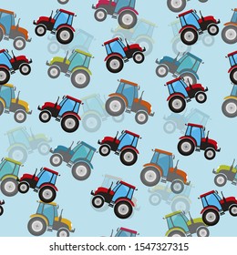 Seamless vector pattern with multi-colored tractors on a blue background