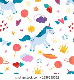 Seamless vector pattern with multicolored unicorns, stars, sweets, inscriptions on a colored background. Children's illustration of fabrics, packaging, gifts, clothing. Cute animals.