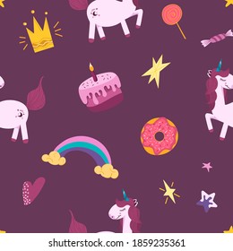 Seamless vector pattern with multicolored unicorns, stars, sweets, inscriptions on a colored background. Children's illustration of fabrics, packaging, gifts, clothing. Cute animals.