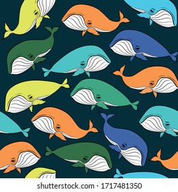 seamless vector pattern with multi-colored whales on a dark background. for printing on fabric, Wallpaper, paper