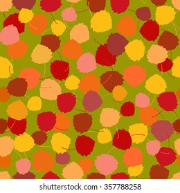 Seamless vector pattern of multicoloured rich acpen leaves on a green background.