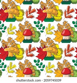 Seamless vector pattern with mushroom and autumns leaf