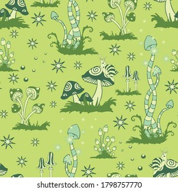 Seamless vector pattern with mushroom forest on green background. Fantasy landscape wallpaper design. Abstract magic fashion textile.