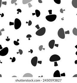 Seamless vector pattern with mushroom symbols, creating a creative monochrome background with rotated elements. Vector illustration on white background