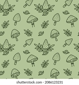 Seamless vector pattern with mushrooms. Amanita forest mushrooms. For fabric, paper, wrap, textile, poster, scrapbooking, wallpaper or background, for web site or mobile app.