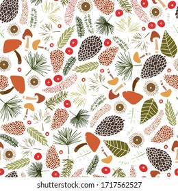 Seamless vector pattern with mushrooms, cones, needles, and berries. Illustration of a forest clearing. Design for paper and fabric