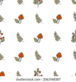 Seamless vector pattern of mushrooms and cozy autumn on a white isolated background. Harvest season. Thanksgiving Day. Hand-drawn