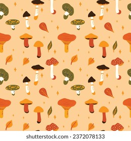 Seamless vector pattern with mushrooms. Cute hand-drawn autumn fungi fly agaric, toadstool, leaves fall seasonal illustration
