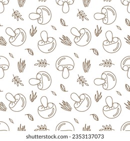 Seamless vector pattern mushrooms in doodle style. Isolated on white background