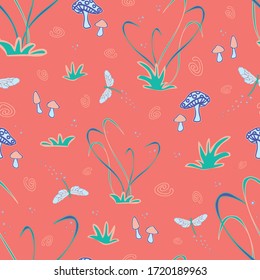 Seamless vector pattern with mushrooms and dragonfly's on baby pink background. Magic forest wallpaper design fairy tale meadow.