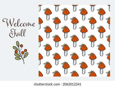 Seamless vector pattern of mushrooms and elements of cozy autumn on a white isolated background. Harvest season. Thanksgiving Day design. Hand-drawn design