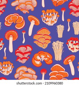 Seamless vector pattern with mushrooms. Forest edible fungi. Liquid culture.