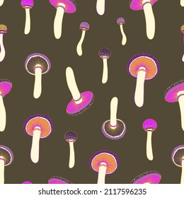 Seamless vector pattern with mushrooms. Forest edible fungi. Liquid culture.
