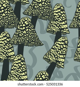 Seamless vector pattern with mushrooms. Hand drawn illustration mystical shrooms. Unusual Wicca background. Boho fashion drawing