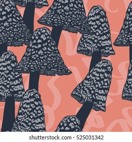 Seamless vector pattern with mushrooms. Hand drawn illustration mystical shrooms. Unusual Wicca background. Boho fashion drawing