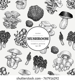 Seamless vector pattern with mushrooms. Hand drawn background with different fungus kinds. Vector banner template. Retro illustration.