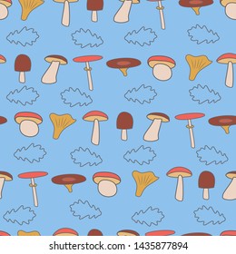 Seamless vector pattern of mushrooms and leaves on blue