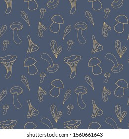 Seamless vector pattern with mushrooms and leaves. Hand drawn doodle pattern. Autumn wallpaper on dark blue background. Botanical print for fabric, textile, wrapping paper.
