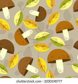 Seamless vector pattern of mushrooms and leaves. Autumn motive. Perfect for wallpaper, fabric, textile, gift wrapping.