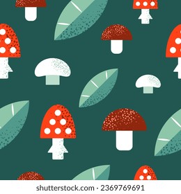 Seamless vector pattern with mushrooms and leaves.