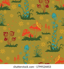 Seamless vector pattern with mushrooms on green yellow background. Fantasy forest wallpaper design. Magic landscape fashion textile.