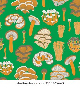 Seamless vector pattern with mushrooms on green background. Forest edible fungi. Liquid culture.