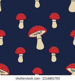 Seamless vector pattern with mushrooms on blue background. Simple cartoon toadstool wallpaper design. Decorative vintage fashion textile.