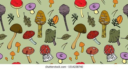 Seamless vector pattern with mushrooms, pagans and leaves. Bright, color hand-drawn. For factories, manufactories, enterprises, textiles, design, prints, packaging, wallpapers