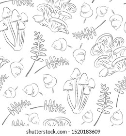 Seamless vector pattern mushrooms and plants black outline on white background. Autumn, forest.