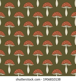 Seamless vector pattern with mushrooms and plants for decoration, textile, stationery, fabric