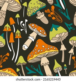 Seamless Vector Pattern With Mushrooms In Retro Style, 60s, 70s, Flower Child, Hippie Style. Toadstools, Fly Agaric, Amanita Background For Textiles, Fabrics, Prints.