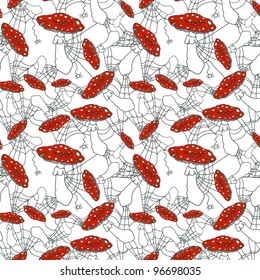 Seamless vector pattern with mushrooms toadstool, cobwebs and spiders