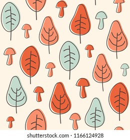 Seamless vector pattern with mushrooms and trees in a soft colors.