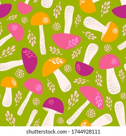 Seamless vector pattern with mushrooms in vivid colours.