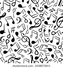 Seamless vector pattern with Music Notes. Musical monochrome background with clef painted by black inks. Backdrop with melody foe wrapping paper or textile design. Linear illustration.