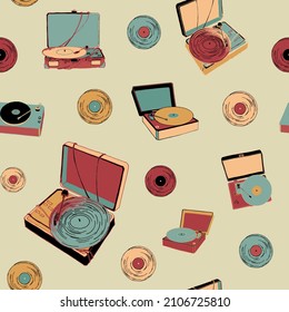 Seamless vector pattern with music player and vinyl record in vintage style. Hand-drawn illustration for wrapping paper, fabric, decoration of music shop.