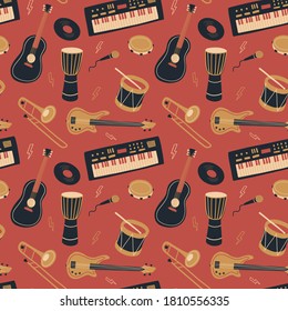 Seamless vector pattern with musical instruments. Freehand doodle background