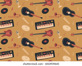Seamless vector pattern with musical instruments. Freehand doodle background
