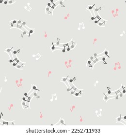 Seamless vector pattern with musical notes hand drawn in doodle style. Cute print with melody on grey background for kids textile, wrapping paper