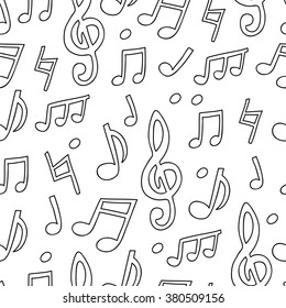 Seamless vector pattern of musical notes on a white background.