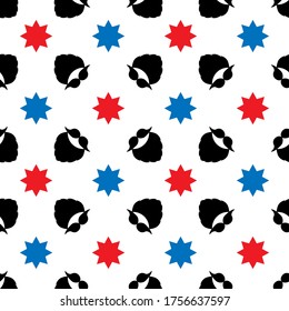 Seamless vector pattern with a mustache, beard, and decorative stars. Black, red, blue elements on a white background. Illustration for designs backdrops, posters, cards, packing, print, textiles, etc