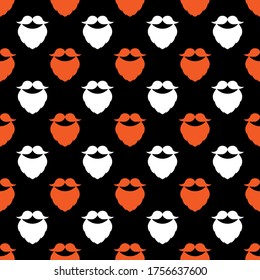 Seamless vector pattern with mustache and beard. White and redhead elements on a black background. Cool illustration for designs backdrops, banners, posters, cards, packing, print, textiles, wrapper.