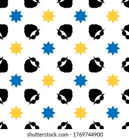 Seamless vector pattern with a mustache, beard, and decorative stars. Blue, yellow, black elements on a white background. Illustration for designs backdrops, posters, cards, packing, print, textiles.