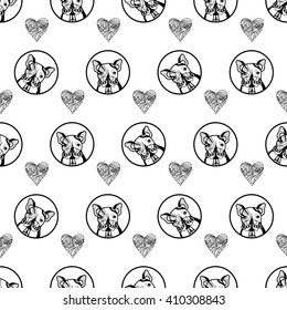 Seamless vector pattern with muzzle French Bulldog. Fabric, wallpaper, wrapping paper.